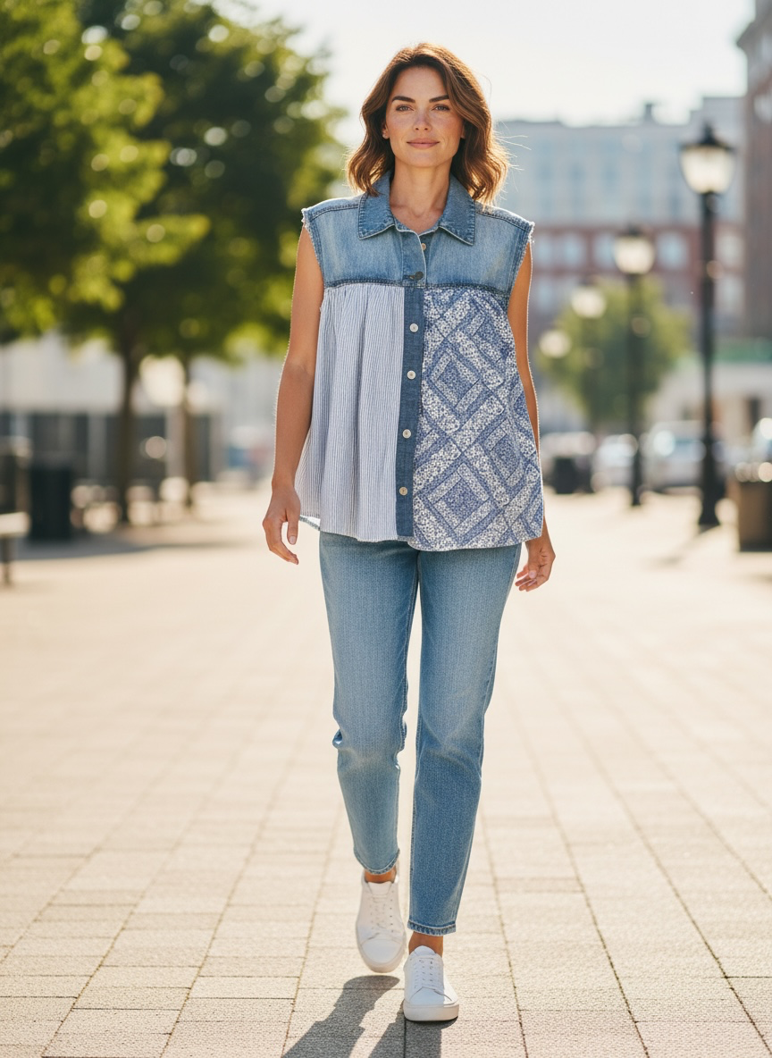 Upcycled Denim & Cottagecore Blue Panels Sleeveless Top Size Small/Medium