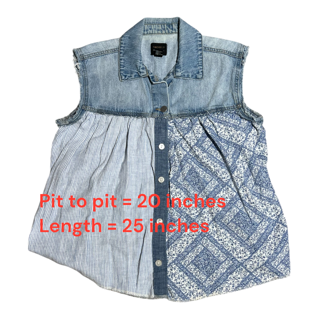 Upcycled Denim & Cottagecore Blue Panels Sleeveless Top Size Small/Medium