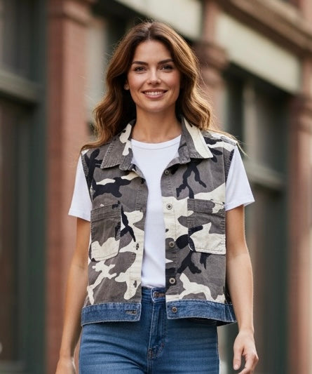Upcycled Camo Cropped Vest with Cottagecore American Flag Back