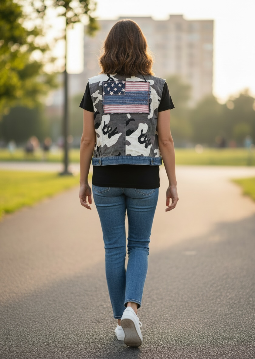 Upcycled Camo Cropped Vest with Cottagecore American Flag Back