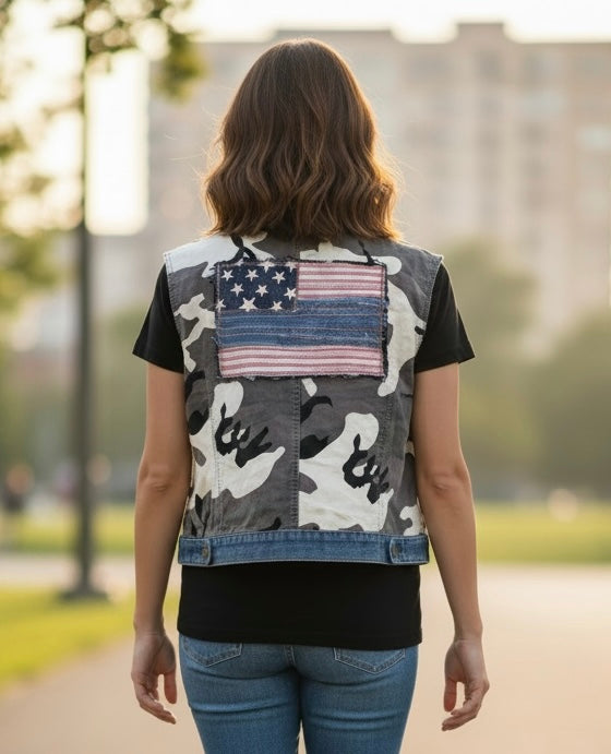 Upcycled Camo Cropped Vest with Cottagecore American Flag Back