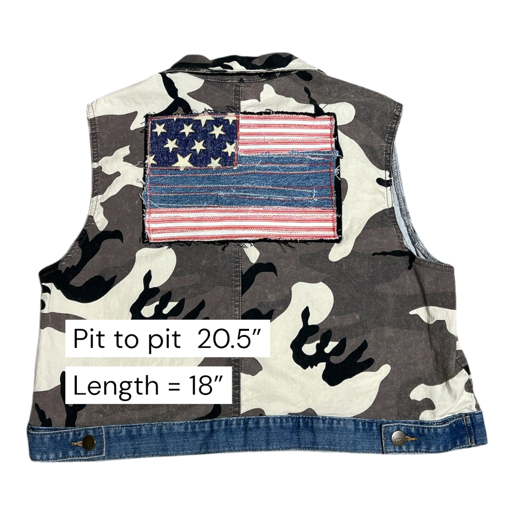 Upcycled Camo Cropped Vest with Cottagecore American Flag Back