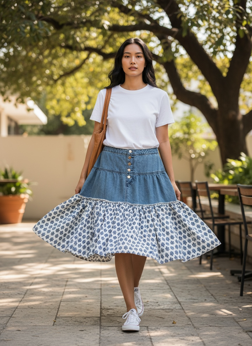 Upcycled Denim & Ruffled White Blue Gathered Skirt