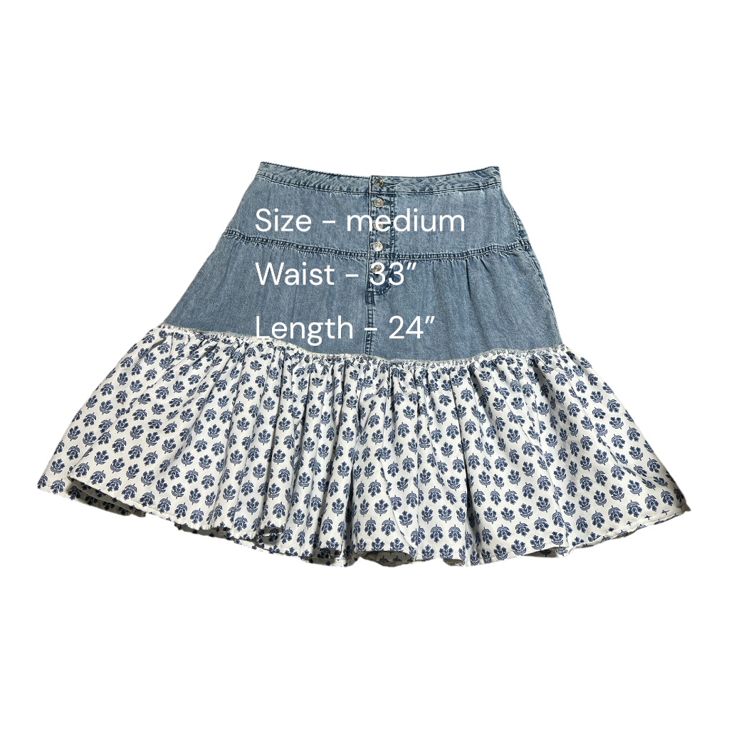 Upcycled Denim & Ruffled White Blue Gathered Skirt