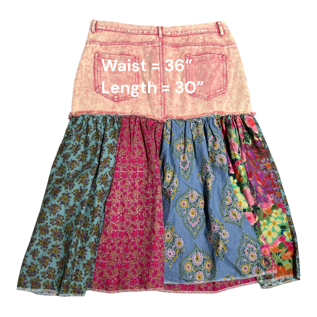 Upcycled Faded Pink Denim Boho Patchwork Skirt – Pinks Blues Teals