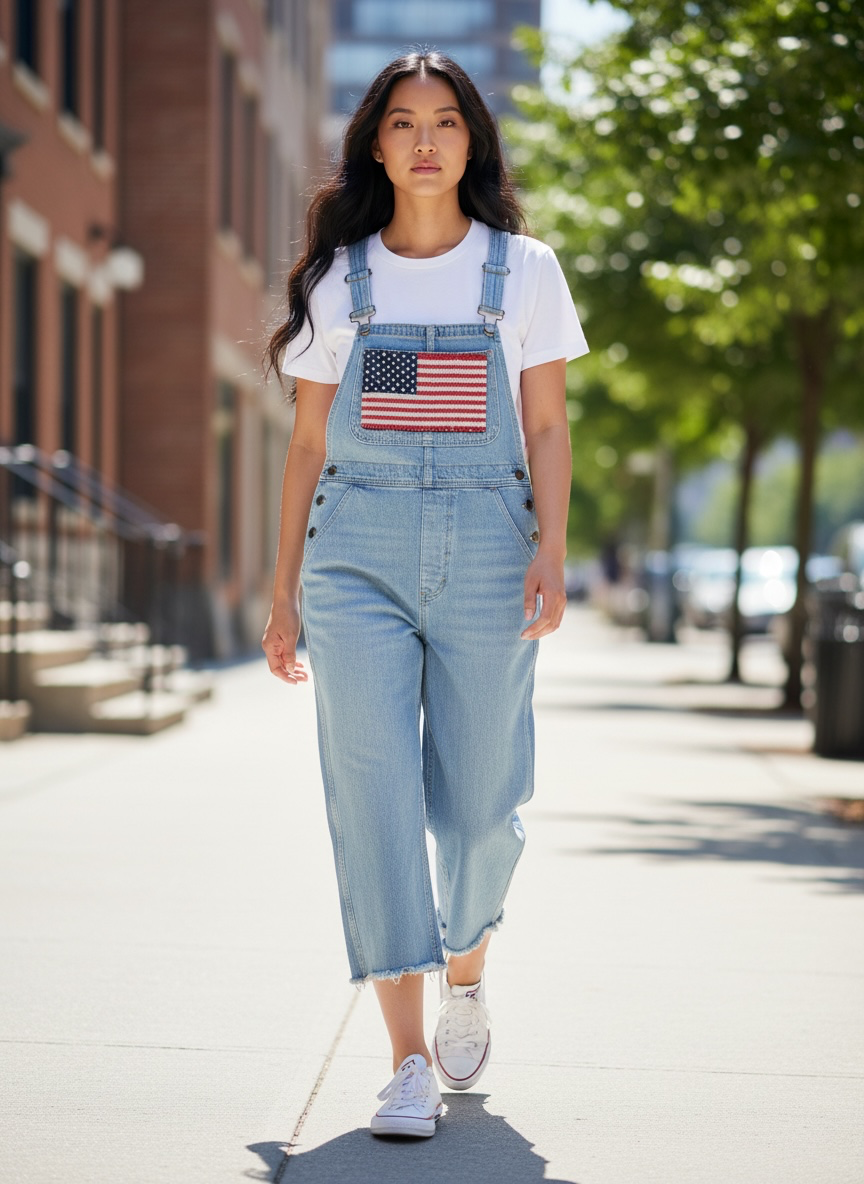Upcycled Light Gray Capri Overalls with Quilted American Flag Bib
