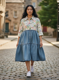 Medium Large Handmade Upcycled Butterfly Print & Denim Dress | Boho Sustainable Fashion