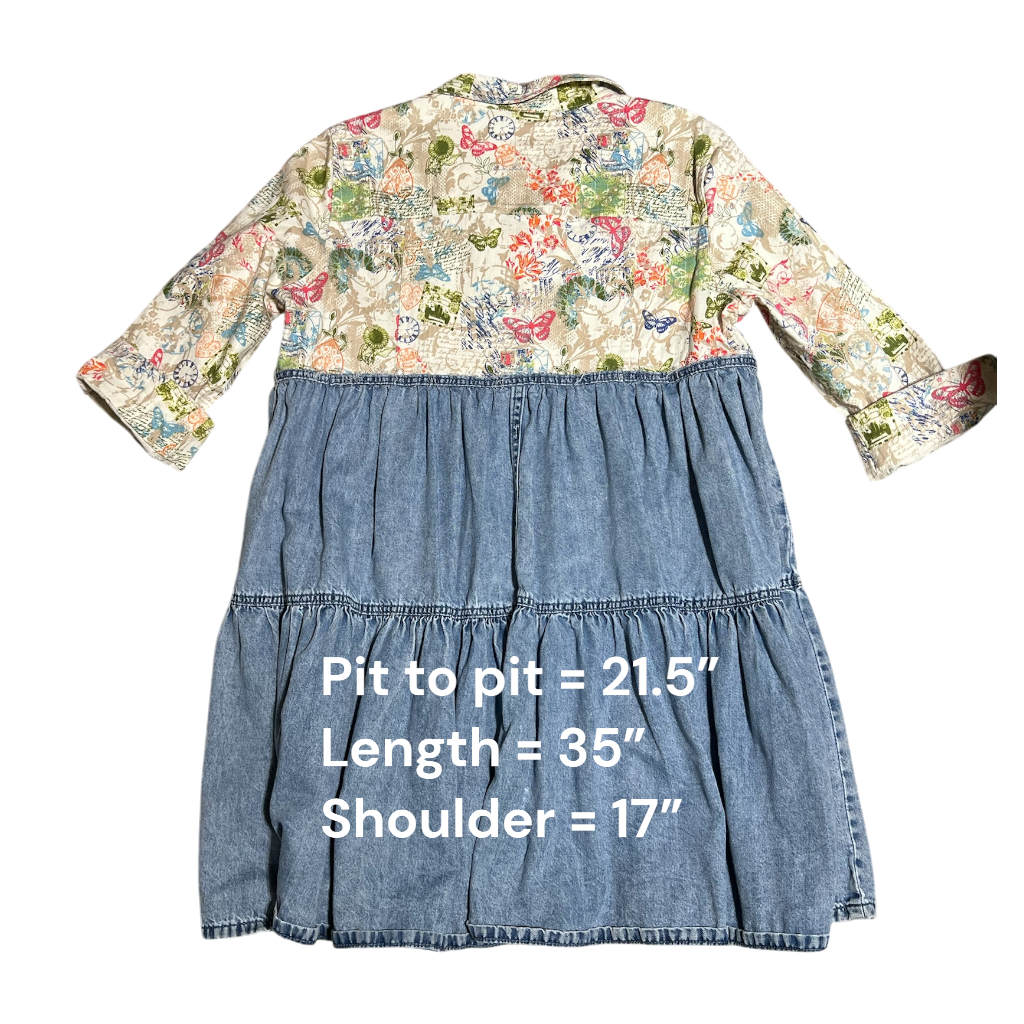 Upcycled Butterfly Print & Denim Dress