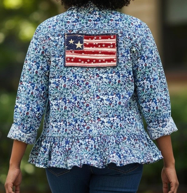 L/XL Upcycled Handmade American Flag Appliqué Shirt with Floral Print & Ruffle Hem | Cottagecore Americana Slow Fashion