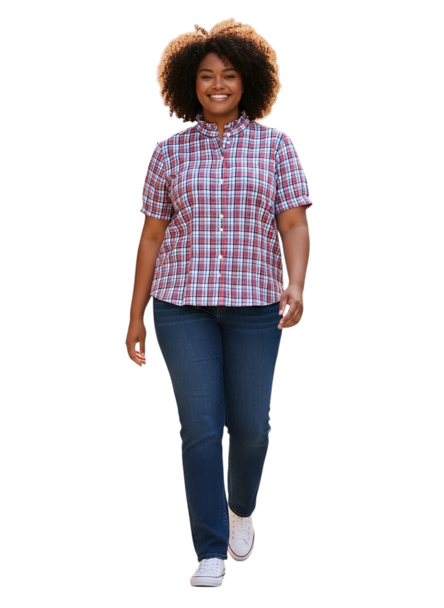 Upcycled Pink & Blue Plaid Shirt with Ruffled Collar – L/XL