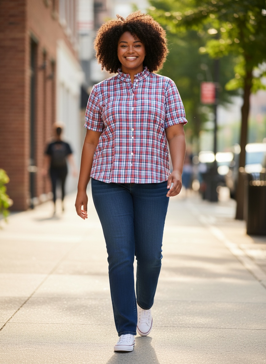 Upcycled Pink & Blue Plaid Shirt with Ruffled Collar – L/XL