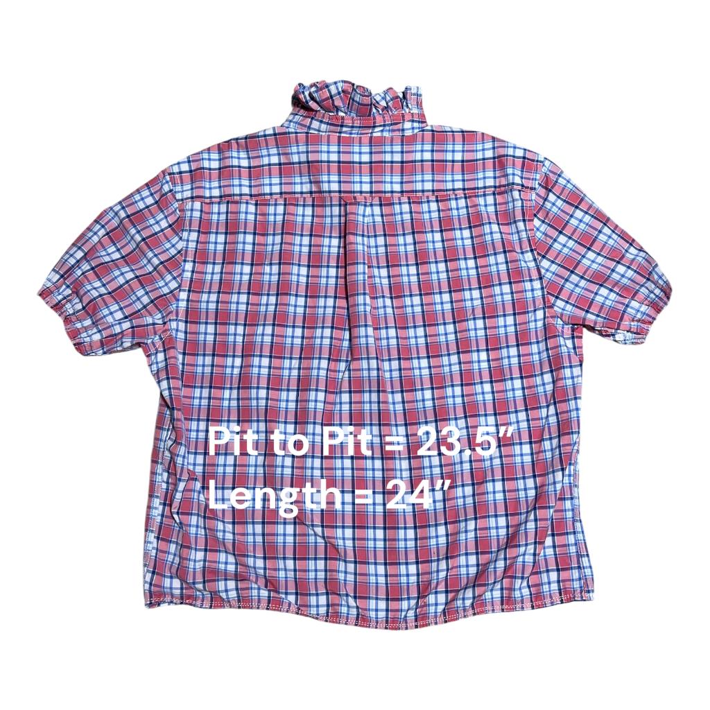 Upcycled Pink & Blue Plaid Shirt with Ruffled Collar – L/XL