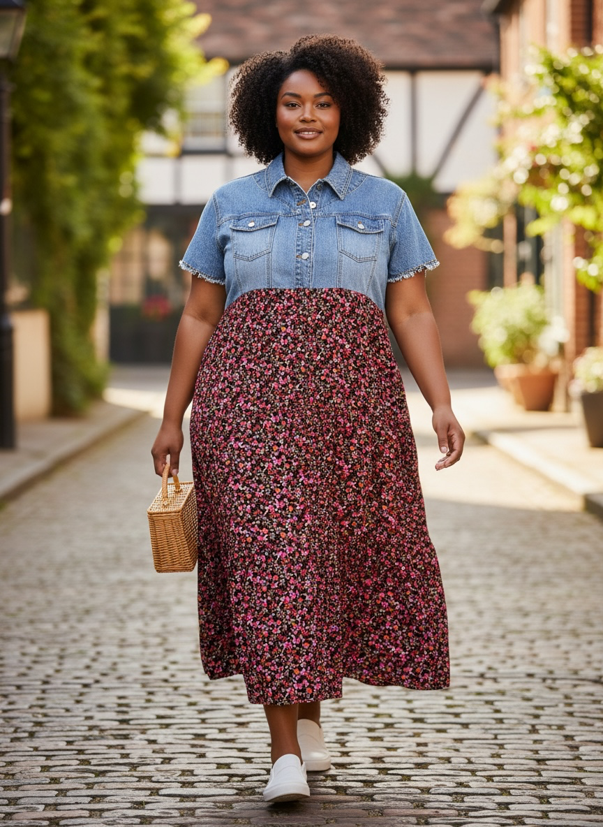 Upcycled Denim Jacket Dress – Floral Mauve Skirt