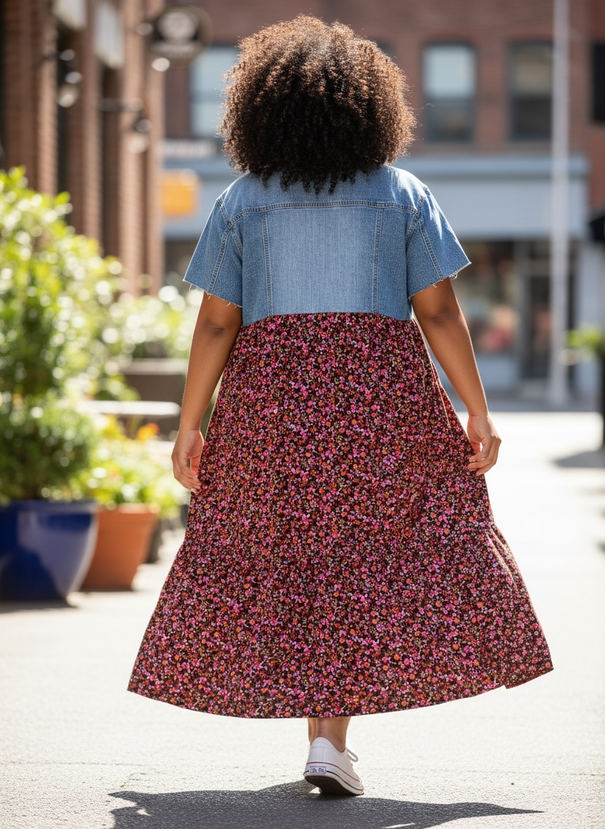 Upcycled Denim Jacket Dress – Floral Mauve Skirt