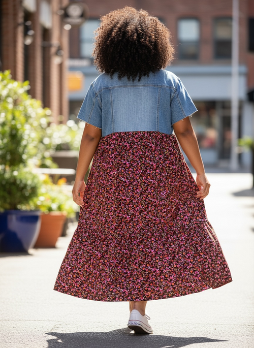 2X - Upcycled Denim Jacket Dress – Floral Mauve Skirt