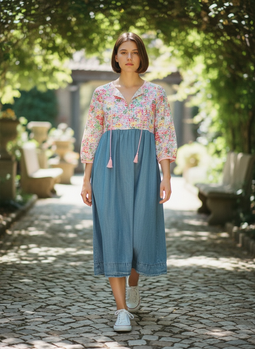 Small Handmade Upcycled Pink Eyelet & Denim Dress | Feminine Cottagecore Fashion
