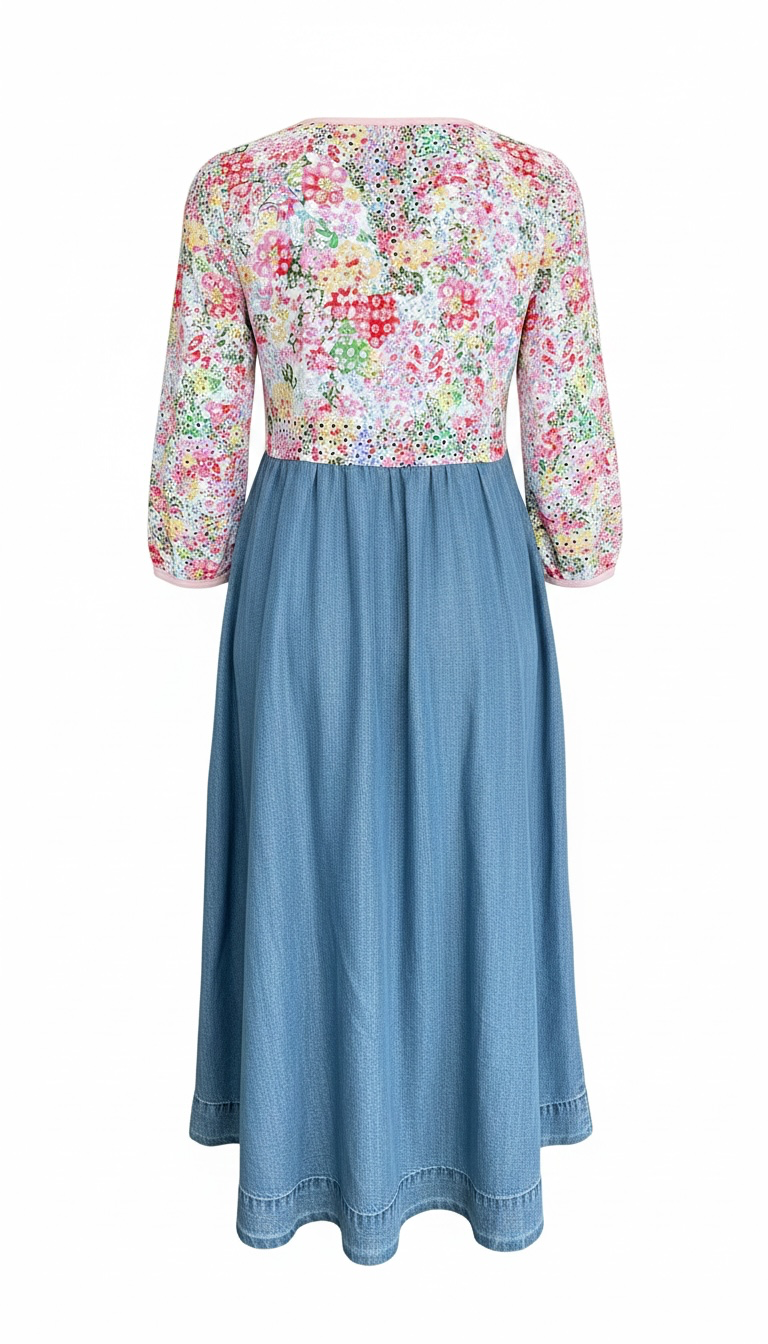 Small Handmade Upcycled Pink Eyelet & Denim Dress | Feminine Cottagecore Fashion