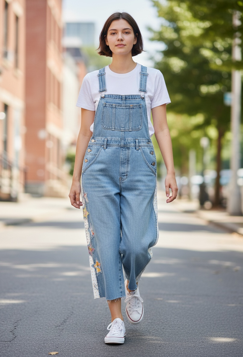 Medium Handmade Upcycled Denim Overall Capris | Eyelet & Star Appliqué Slow Fashion