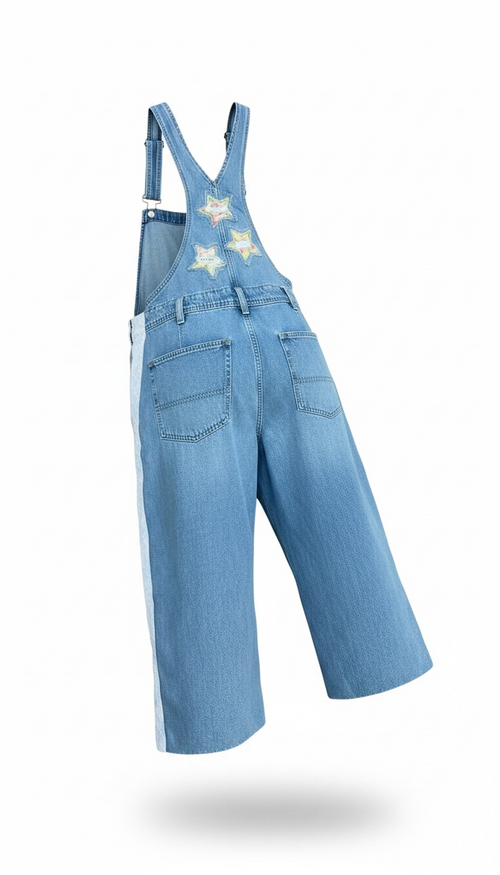 Medium Handmade Upcycled Denim Overall Capris | Eyelet & Star Appliqué Slow Fashion