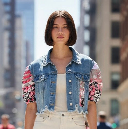 Upcycled Cropped Denim Jacket – Oriental Floral Panels