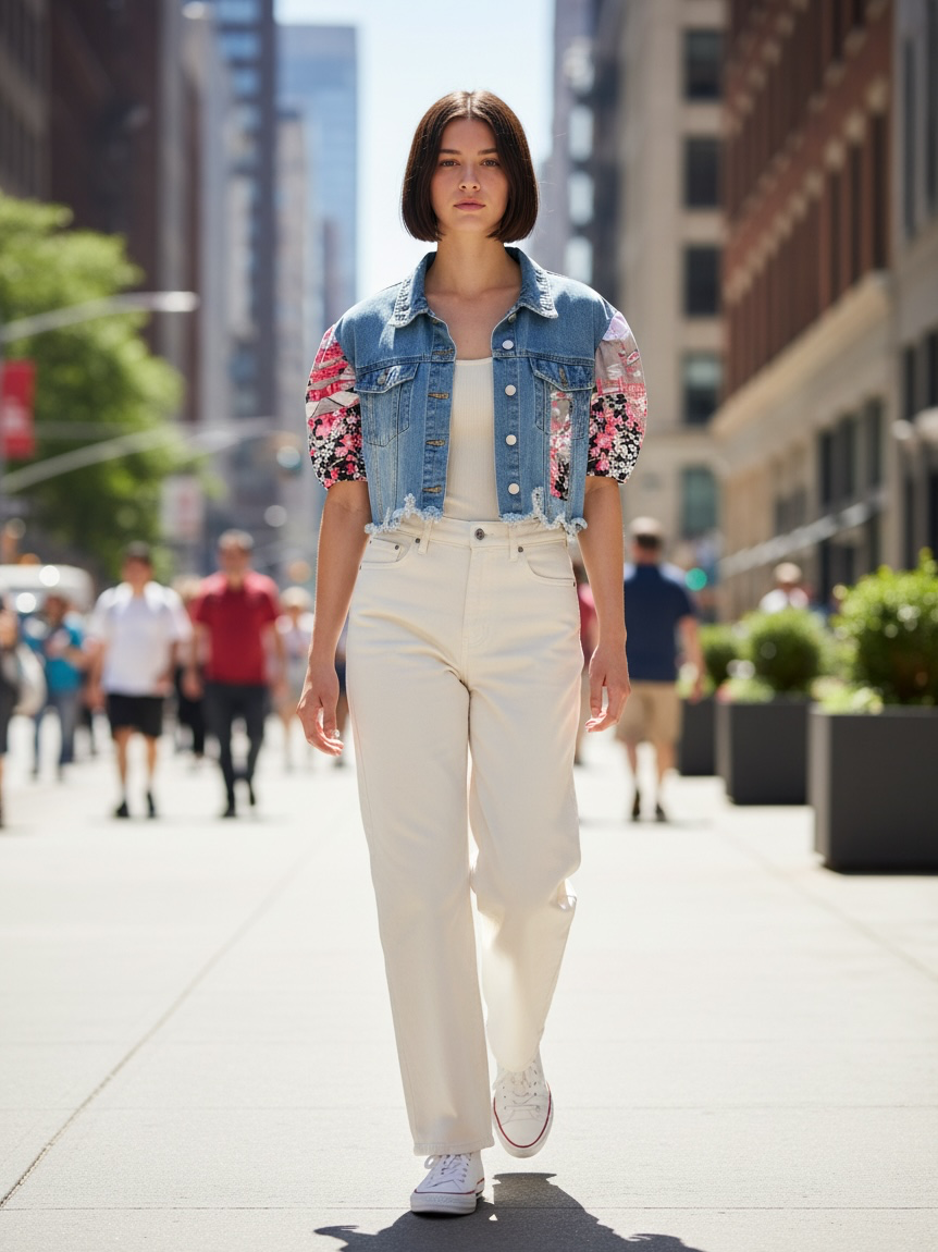 Upcycled Cropped Denim Jacket – Oriental Floral Panels