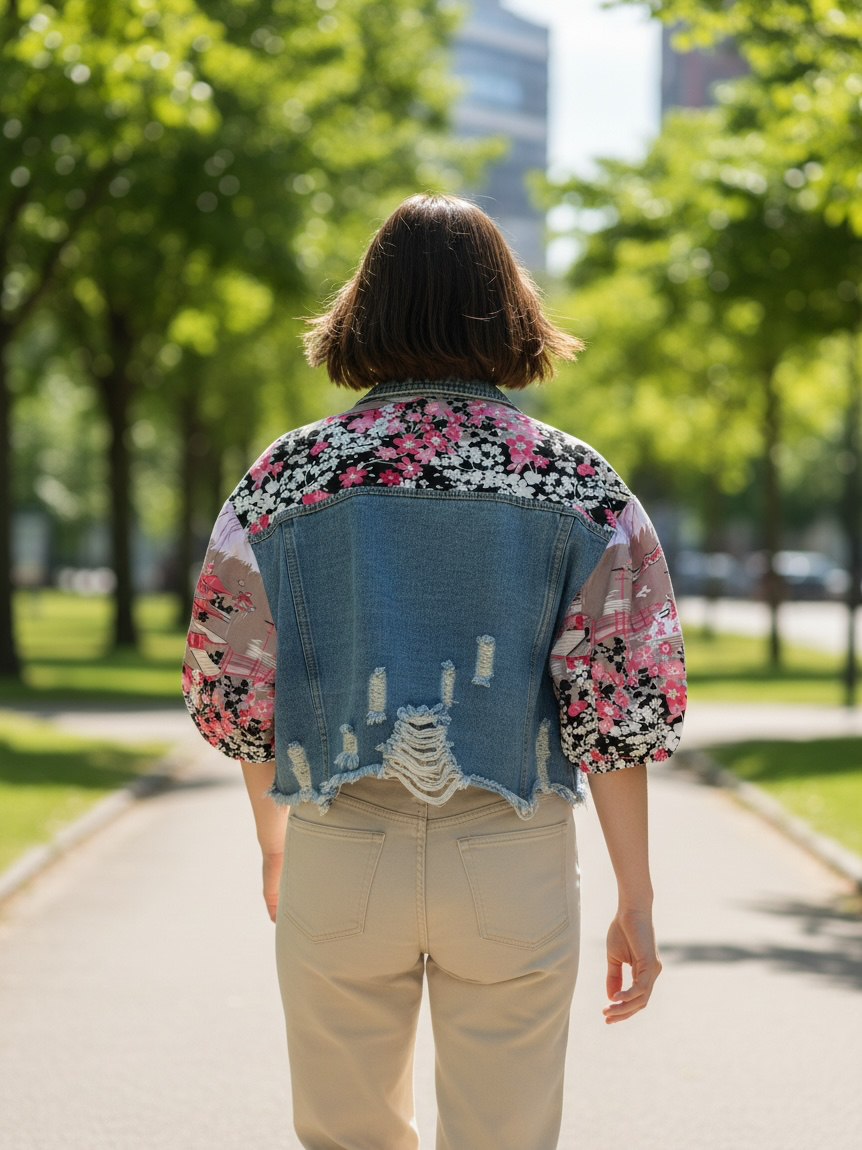 Upcycled Cropped Denim Jacket – Oriental Floral Panels
