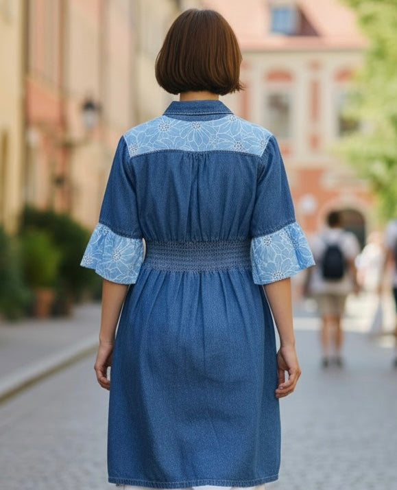 Upcycled Denim Dress with Eyelet Sleeves & Ruched Waist