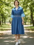 Upcycled Denim Dress with Eyelet Sleeves & Ruched Waist