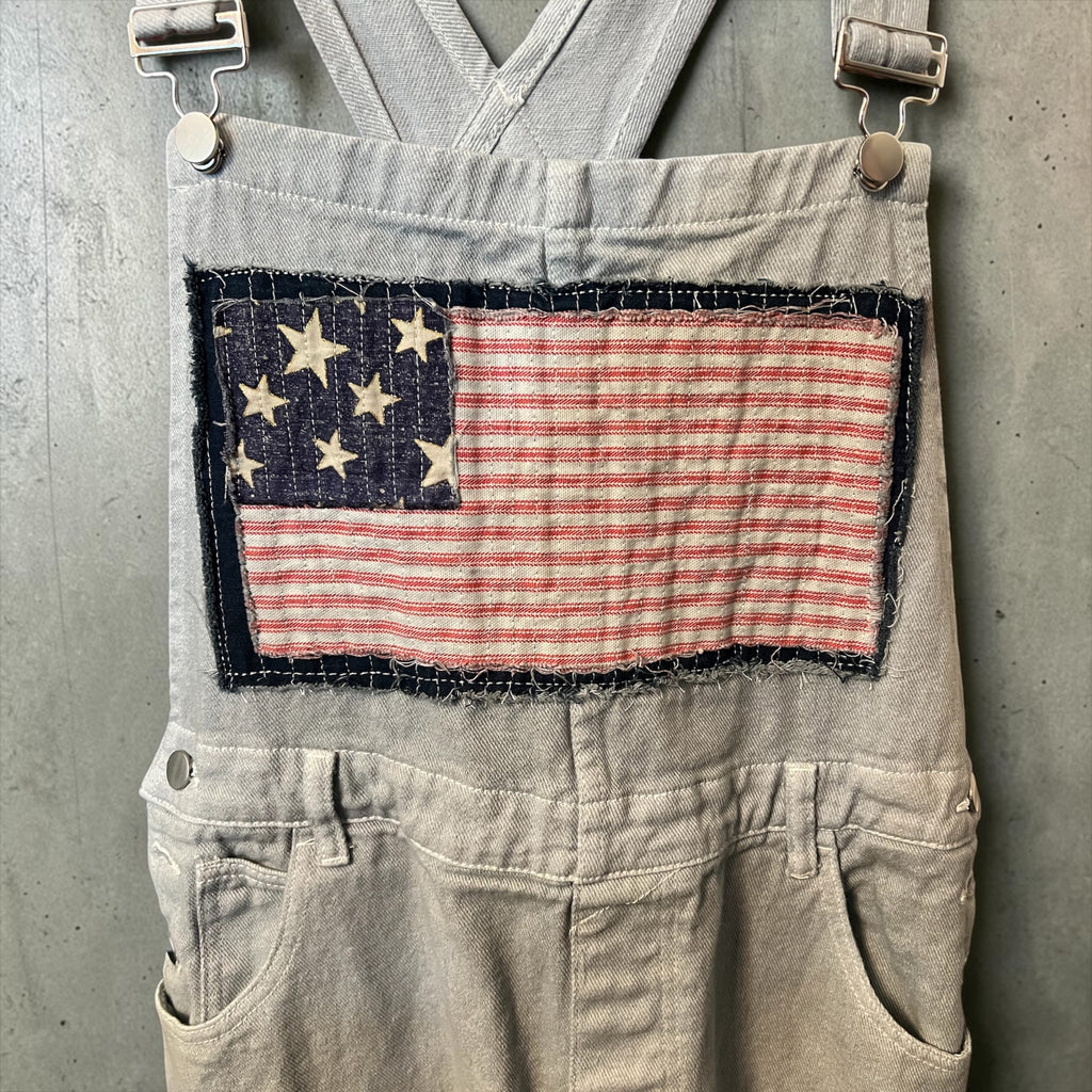 Upcycled Light Gray Capri Overalls with Quilted American Flag Bib