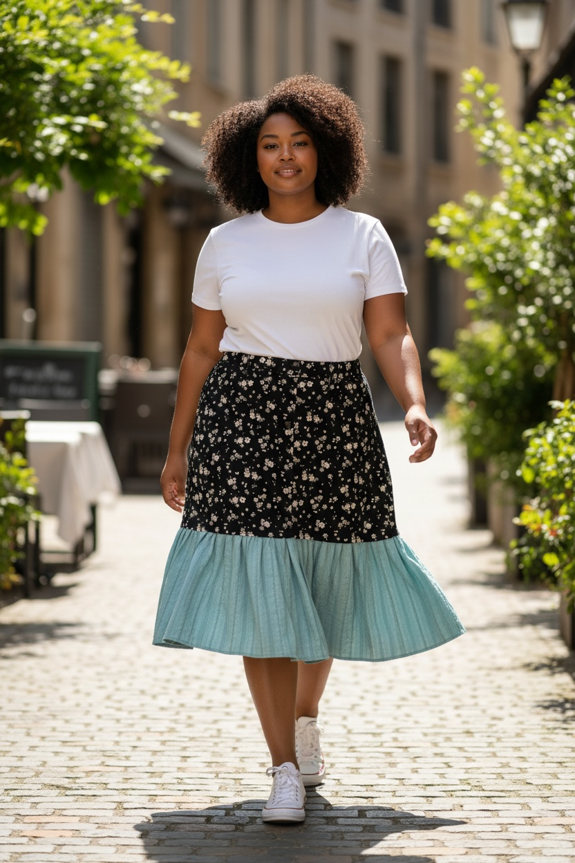 Upcycled Floral Denim & Green Flowy Skirt – Black Multicolor