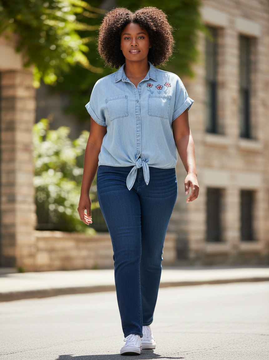 L/XL Upcycled Lightweight Denim Shirt with Handmade Flower Appliqué | Cottagecore Slow Fashion
