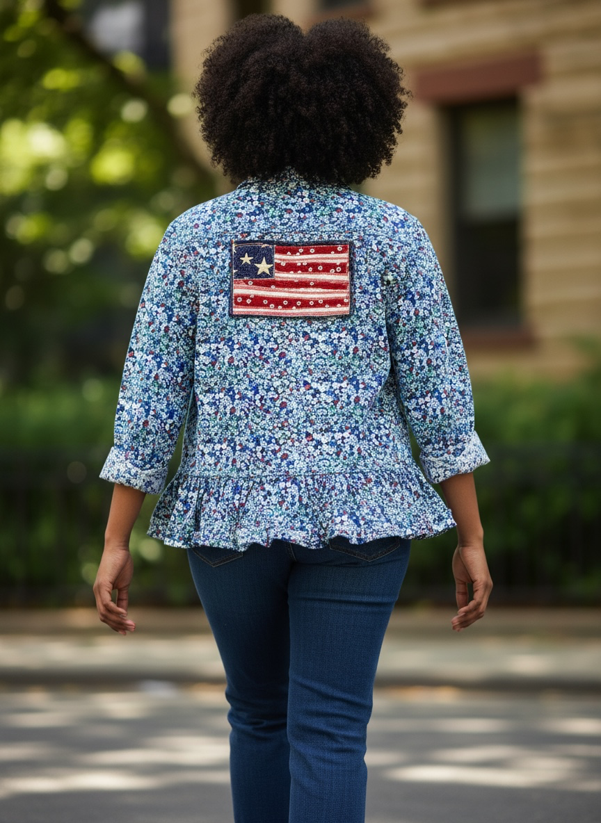 L/XL Upcycled Handmade American Flag Appliqué Shirt with Floral Print & Ruffle Hem | Cottagecore Americana Slow Fashion