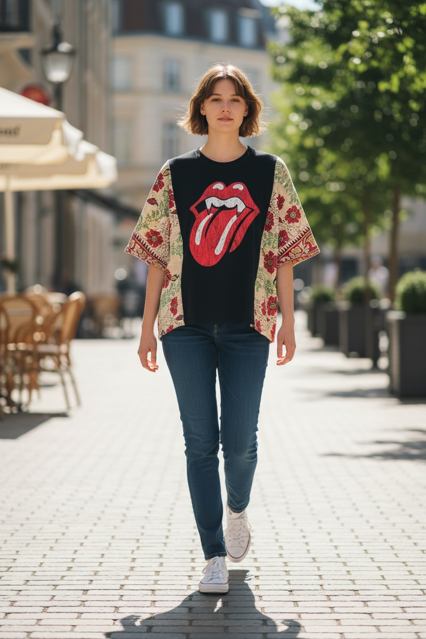 Upcycled Rolling Stones Tee with Kantha Quilt Sleeves