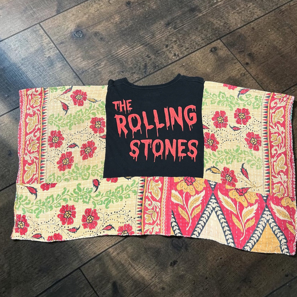 Upcycled Rolling Stones Tee with Kantha Quilt Sleeves
