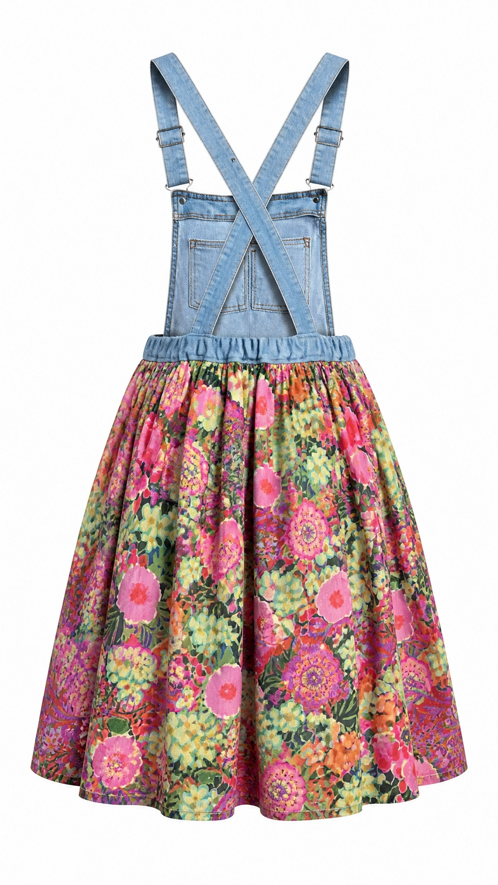 Upcycled Floral Overall Dress – Elastic Waist, Size XL/2X