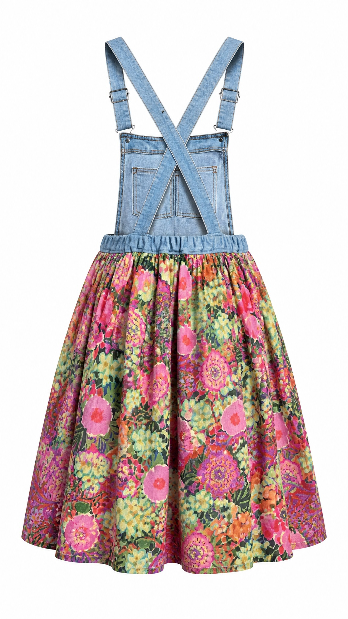 Upcycled Floral Overall Dress – Elastic Waist, Size XL/2X
