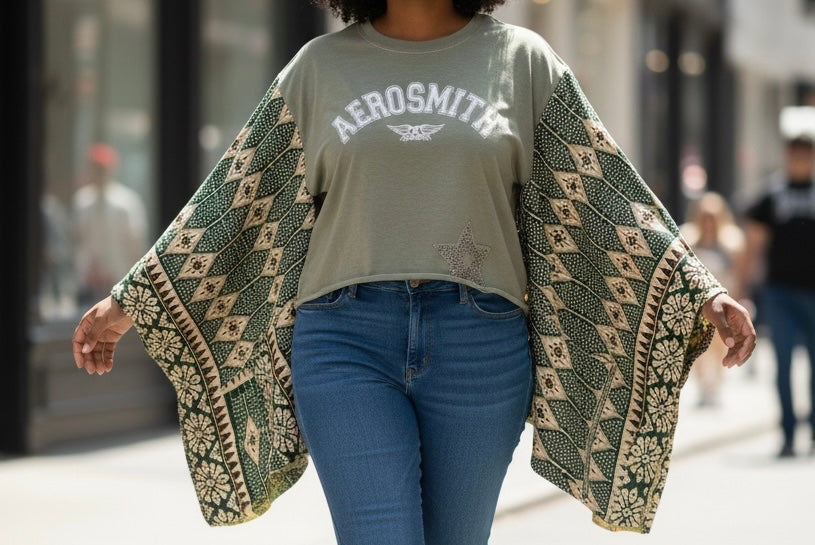 Upcycled Aerosmith Sage Green Tee with Kantha Quilt Sleeves