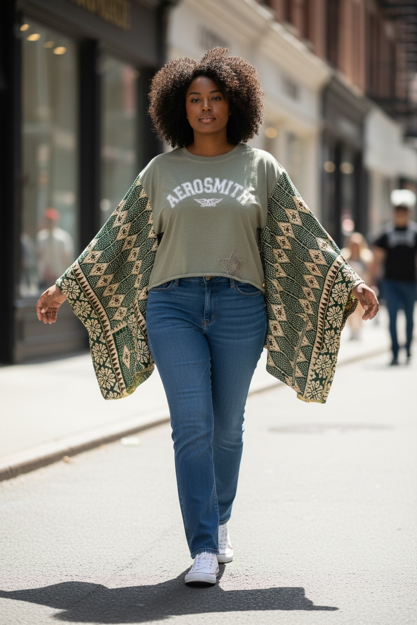 Upcycled Aerosmith Sage Green Tee with Kantha Quilt Sleeves