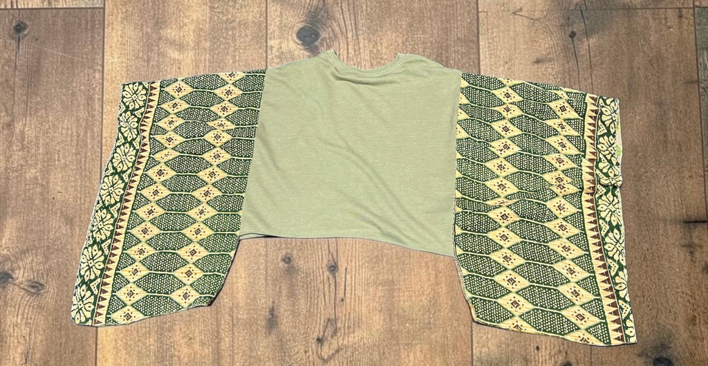 Upcycled Aerosmith Sage Green Tee with Kantha Quilt Sleeves
