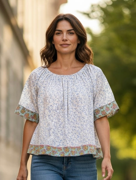 Upcycled Butterfly Print Shirt – Gathered Neckline & Coordinating Trim