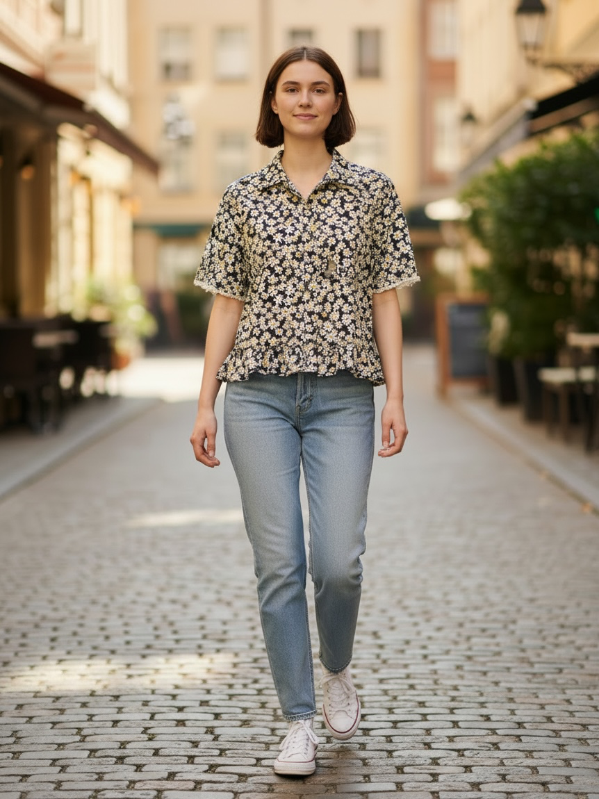 Upcycled Black Daisy Button-Down Shirt – Lace Trim Sleeves & Ruffle Hem