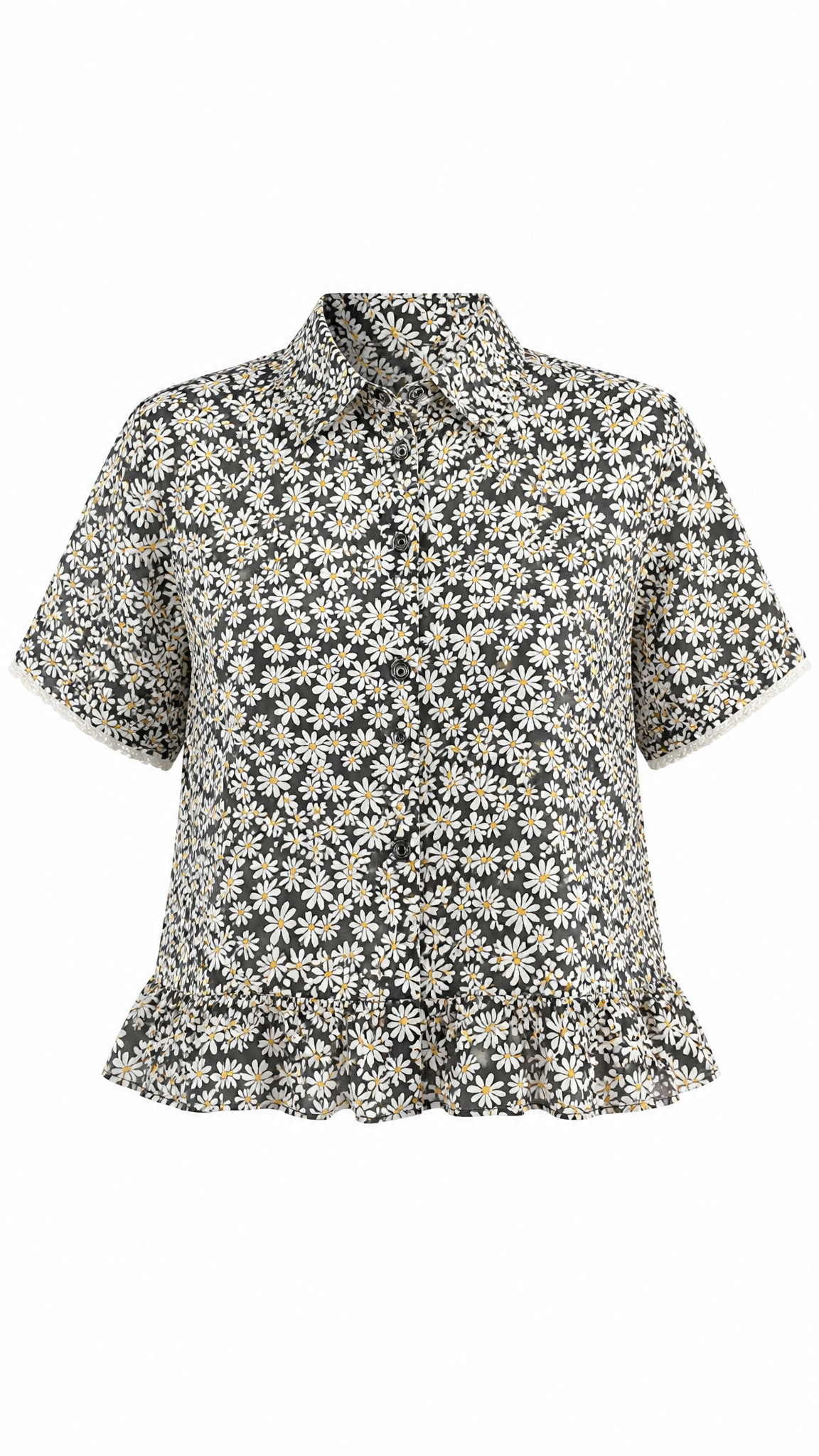 Upcycled Black Daisy Button-Down Shirt – Lace Trim Sleeves & Ruffle Hem