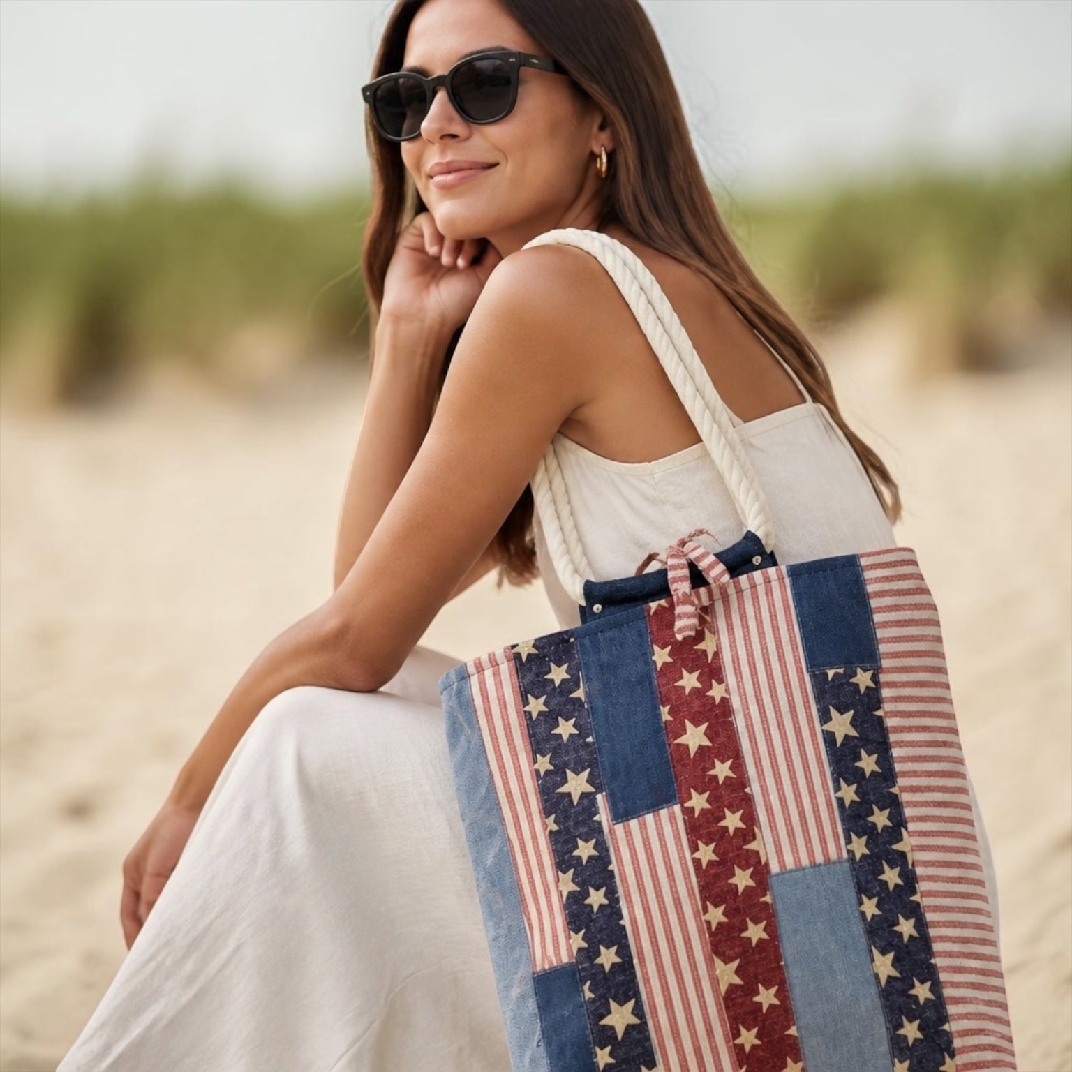 Handmade Patriotic Scrap Bag with Rope Handles | Red White & Blue