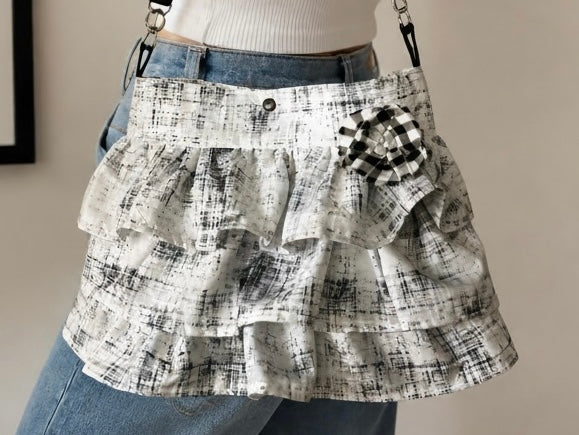 Black & White Cotton Crossbody Bag | Handmade with Denim Pocket & Accent Flower
