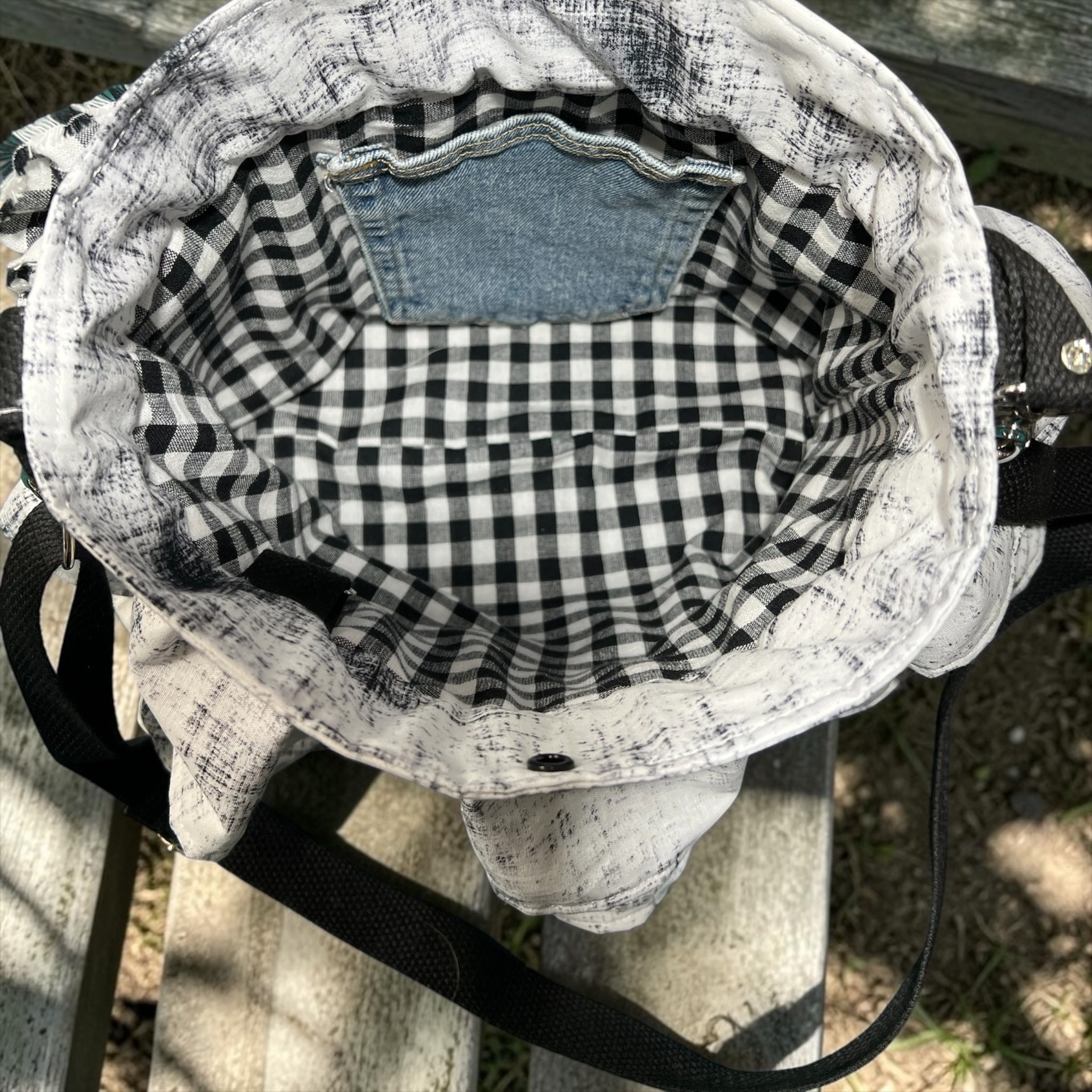 Black & White Cotton Crossbody Bag | Handmade with Denim Pocket & Accent Flower
