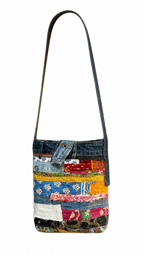 Handmade Patchwork Crossbody Bag | Denim & Fabric Scraps | Boho One of a Kind