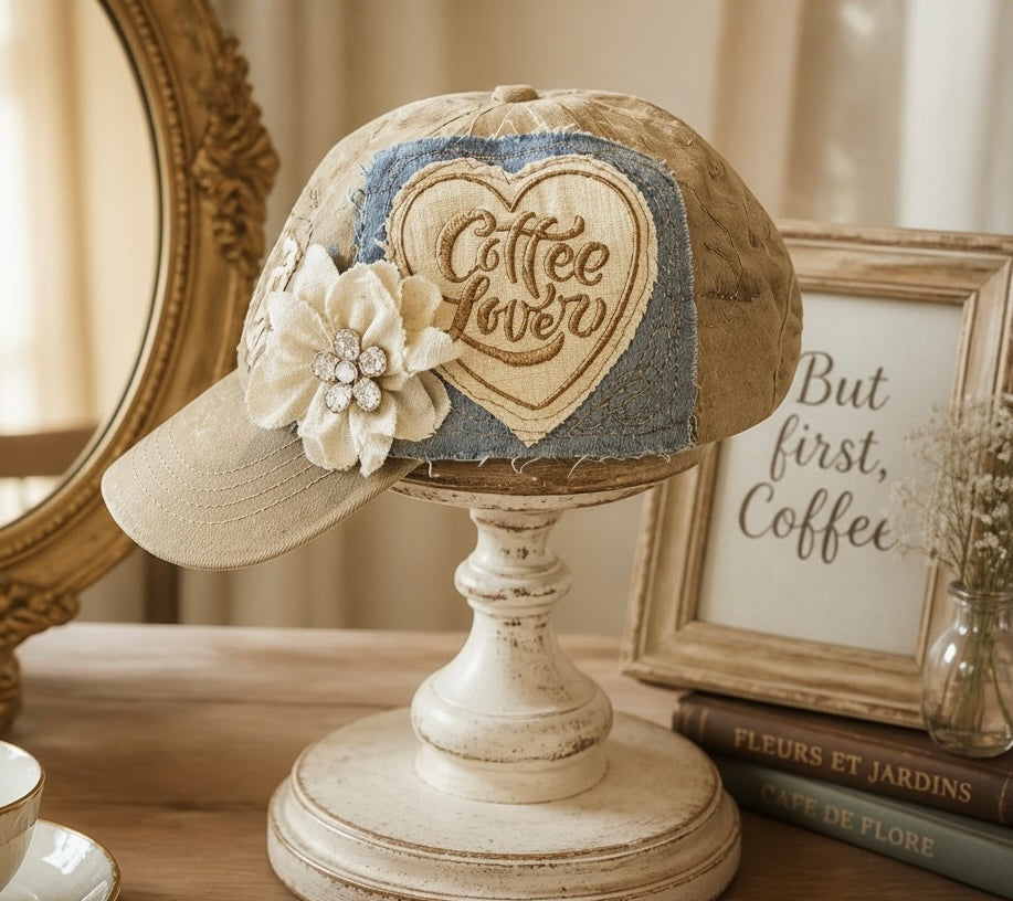 Coffee Lover Embroidered Baseball Hat | Handmade Flower | Tan | Boho Gift