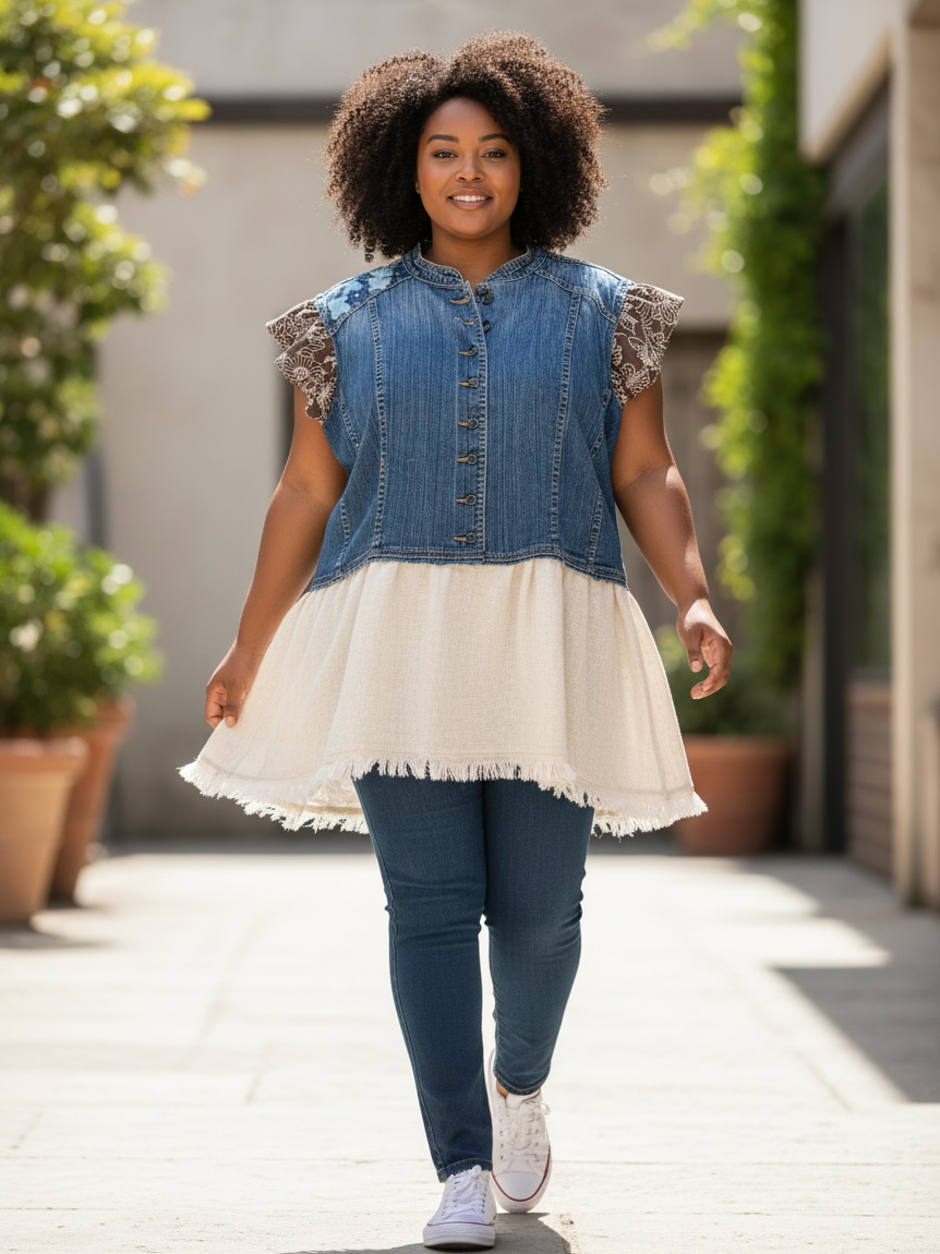 Upcycled Denim Jacket Tunic Top | Handmade Cottagecore Boho | Size Large