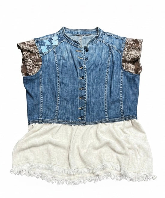 Upcycled Denim Jacket Tunic Top | Handmade Cottagecore Boho | Size Large