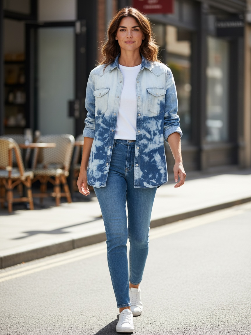 Bleached Denim Cow Appliqué Shirt – Size Large